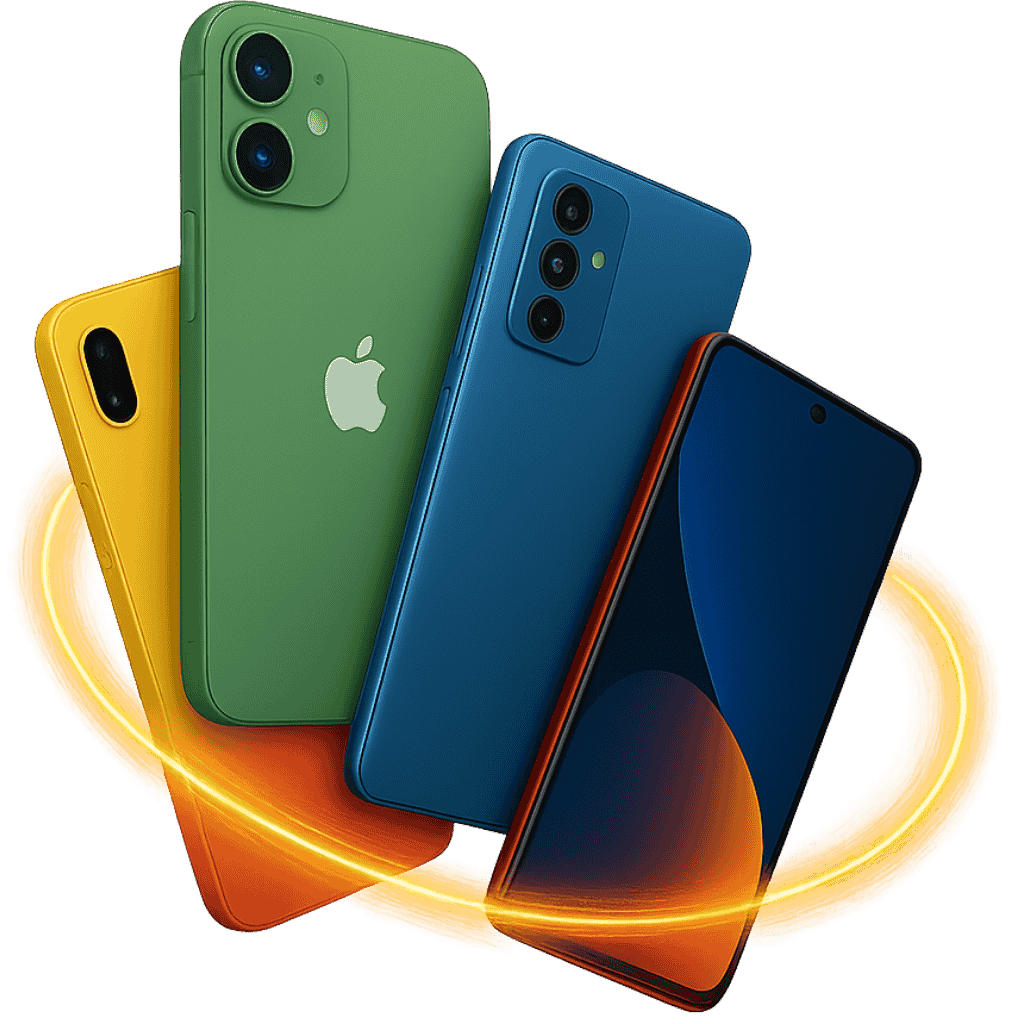 a few smartphone on a transparent background with ring effect